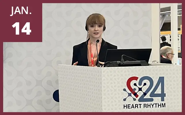 Emily Shiel speaking at Heart Rhythm conference with the text "JAN 14."