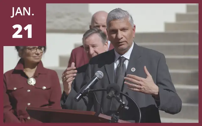 Pradeep Bhide speaking at Florida capitol with the text "JAN 21."