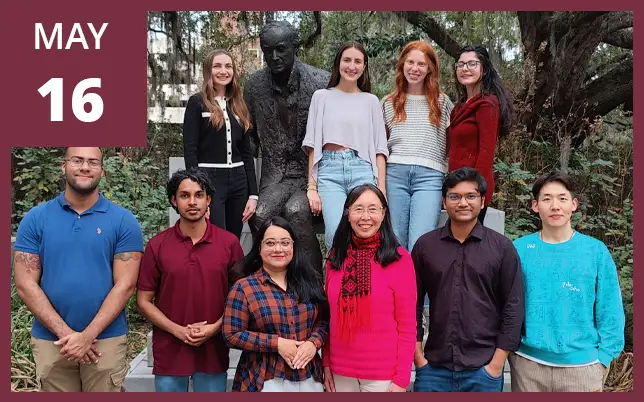 Group photo of Amy Sang's lab with the text 
