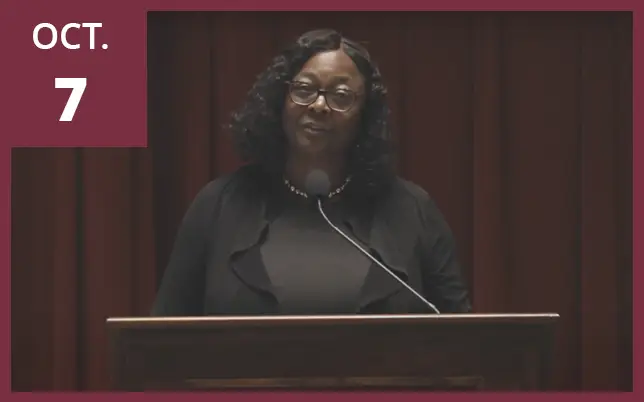 Dean Littles speaking at an FSU event with text 
