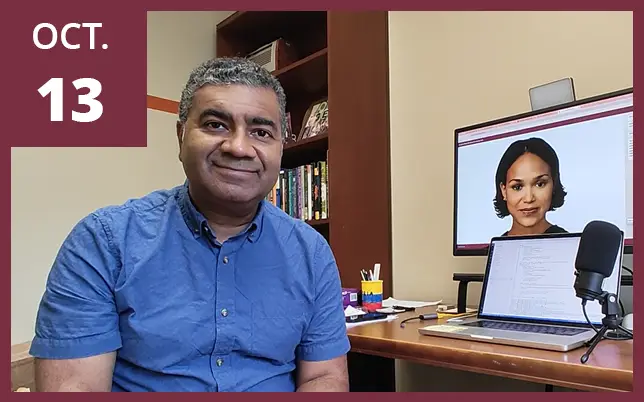 A researcher is shown at his desk with a dual-monitor setup, featuring a video call and coding on a laptop, indicating the early stages of data processing or project coordination.