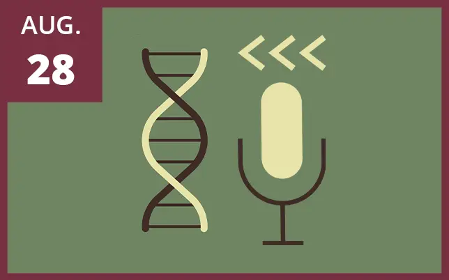 A graphic promoting the FSU Institute for Pediatric Rare Diseases (IPRD), featuring a stylized DNA double helix combined with a microphone icon. The text on the image highlights an event on AUG. 28 at the FSU College of Medicine, likely a lecture or news conference related to the institute's mission to advance precision medicine and genetic screening.