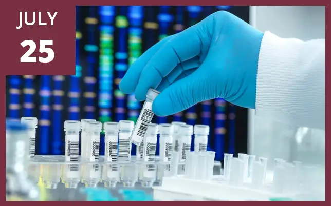 A close-up of a researcher's hands in blue surgical gloves, carefully holding a small clear vial with a green cap over a tray of several other vials. A maroon box in the top-left corner features the text 