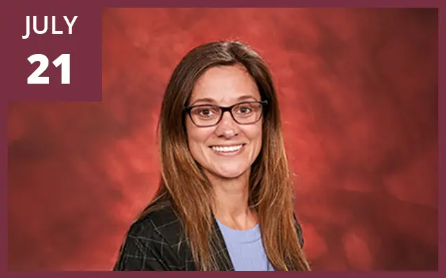 A portrait of Antonia Nemec, Ph.D., who joined the FSU Institute for Pediatric Rare Diseases as the Associate Director for Research Operations. She is a woman with long brown hair and glasses, wearing a white lab coat and a blue shirt, smiling in a laboratory setting. A maroon box in the top-left corner features the text 