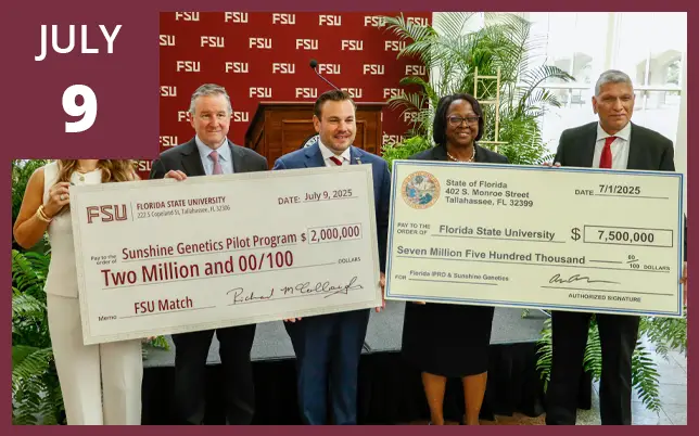 Florida Representative Adam Anderson and FSU President Richard McCullough stand together outdoors on the FSU campus, smiling as they jointly hold an oversized ceremonial check. The check is made out to the Institute for Pediatric Rare Diseases in the amount of $2,000,000. A maroon box in the top-left corner features the text 