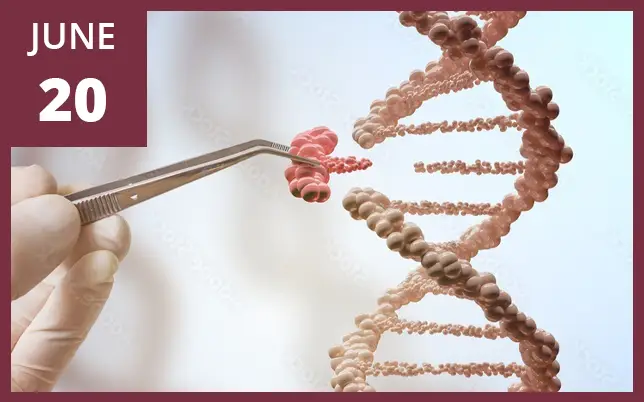 A 3D illustration shows a gloved hand using silver tweezers to carefully insert or remove a small, pink segment from a DNA double helix model. A maroon box in the top-left corner displays the text 