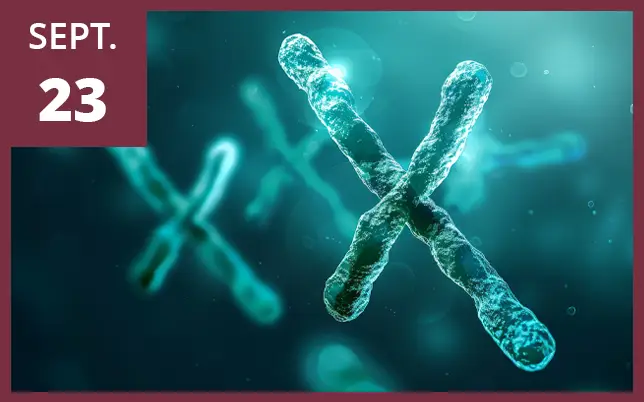 A close-up of a DNA double helix model with a gloved hand using silver tweezers to manipulate a specific gene segment. A maroon box in the top-left corner features the text 