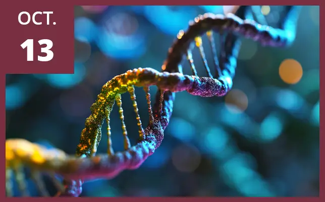 Close-up of a glowing, multicolored DNA double helix with the date 