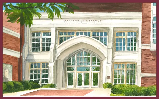 A watercolor painting of the entrance to a 