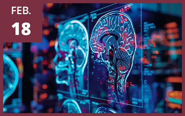 A digital display of medical brain scans with red highlighted areas and the date Feb. 18 in the upper-left corner.