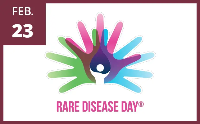 A graphic for Rare Disease Day on February 23rd featuring a stylized logo of overlapping colorful hands and a central human figure.