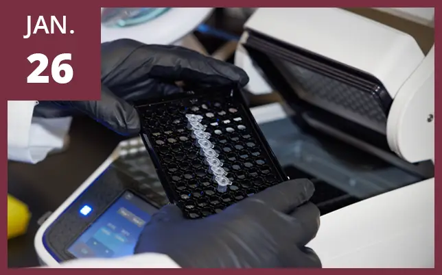 A laboratory technician wearing black gloves places a strip of clear PCR tubes into a thermal cycler, with a 