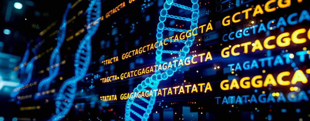 An abstract 3D DNA double helix is shown alongside floating sequences of genetic code