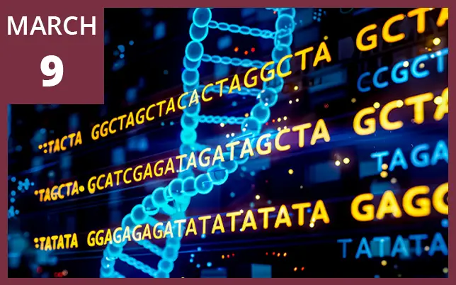 An abstract 3D DNA double helix is shown alongside floating sequences of genetic code and a maroon box in the top left corner that reads 
