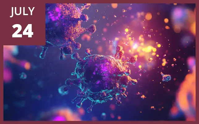 An artistic 3D rendering of glowing purple and blue viruses with protruding spikes floats in a dark, shimmering space under the text 