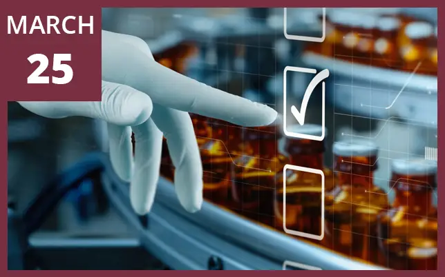 A gloved hand points toward a digital checkmark overlaying a row of amber medicine vials, with a garnet border in the upper-left corner featuring the text 