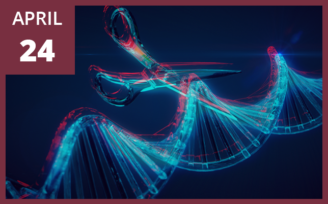 A glowing blue and red double helix DNA strand is being cut by a pair of translucent scissors with the text "APRIL 24" in the top left corner.