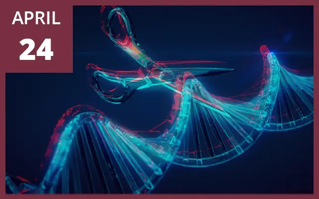 A glowing blue and red double helix DNA strand is being cut by a pair of translucent scissors with the text 