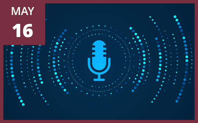 a blue microphone icon centered within concentric, dotted sound waves on a dark background, with a maroon box in the top-left corner displaying the text "MAY 16".